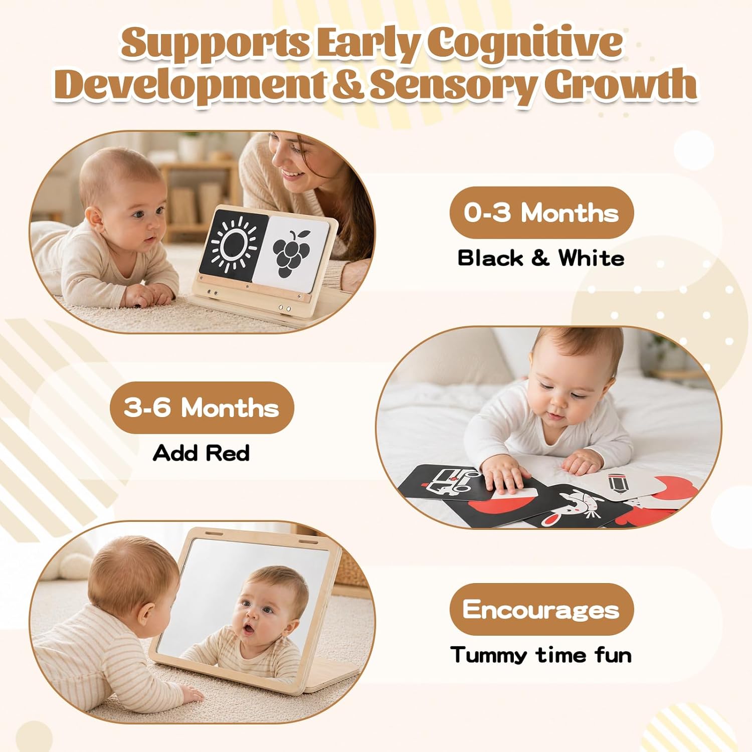 Tummy Time Play Set - Montessori Baby Safe Mirror Toy and Card Display Stand with High Contrast Black and White Cards, Adjustable Angle Large Baby Mirror and Double-Sided Design for 0-6M Newborns