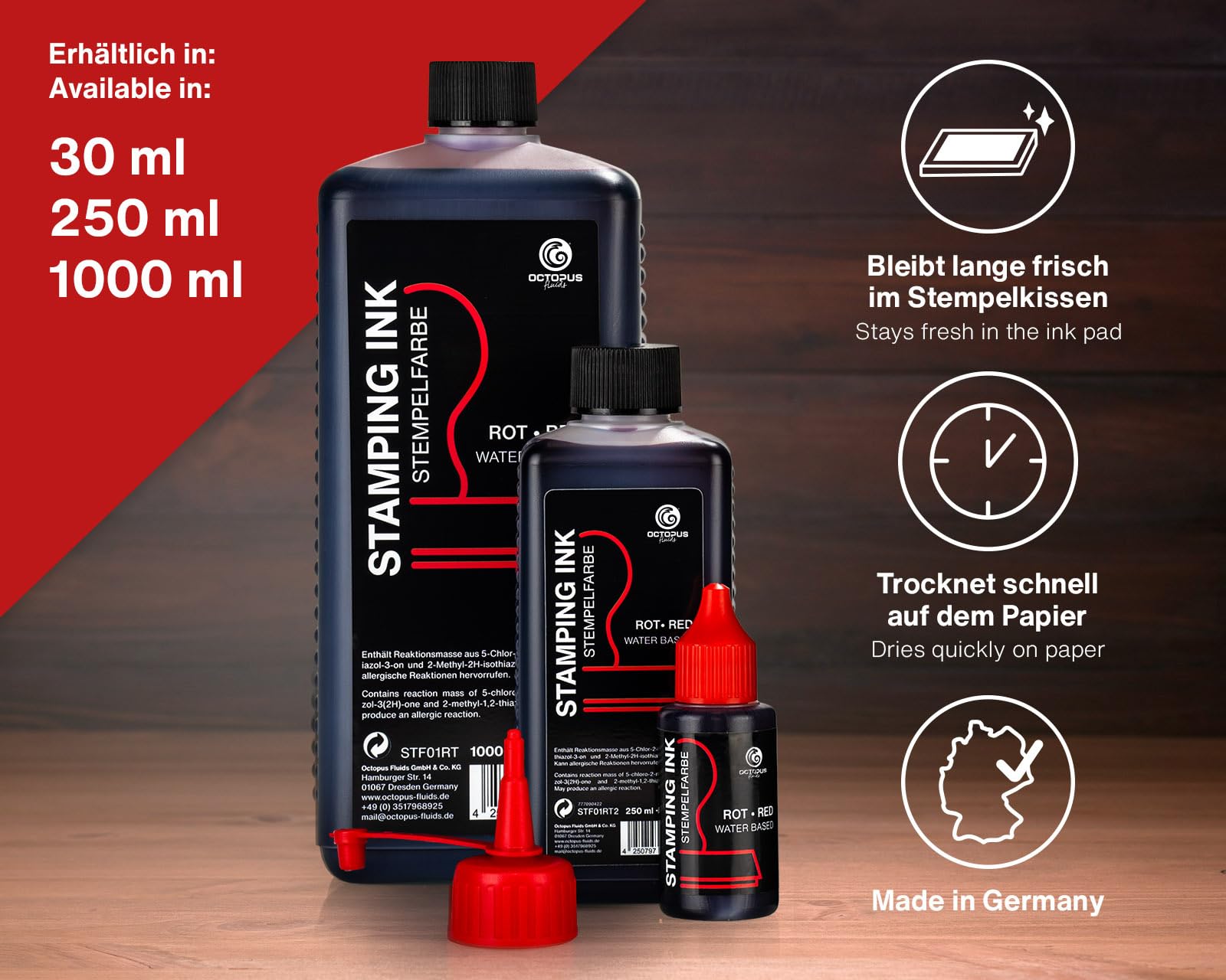 Octopus Tusz do stemplowania płynów, tusz do napełniania do poduszek do stempli i automatycznych urządzeń do tłoczenia, tusz do stemplowania 1000 ml, czerwony bez oleju