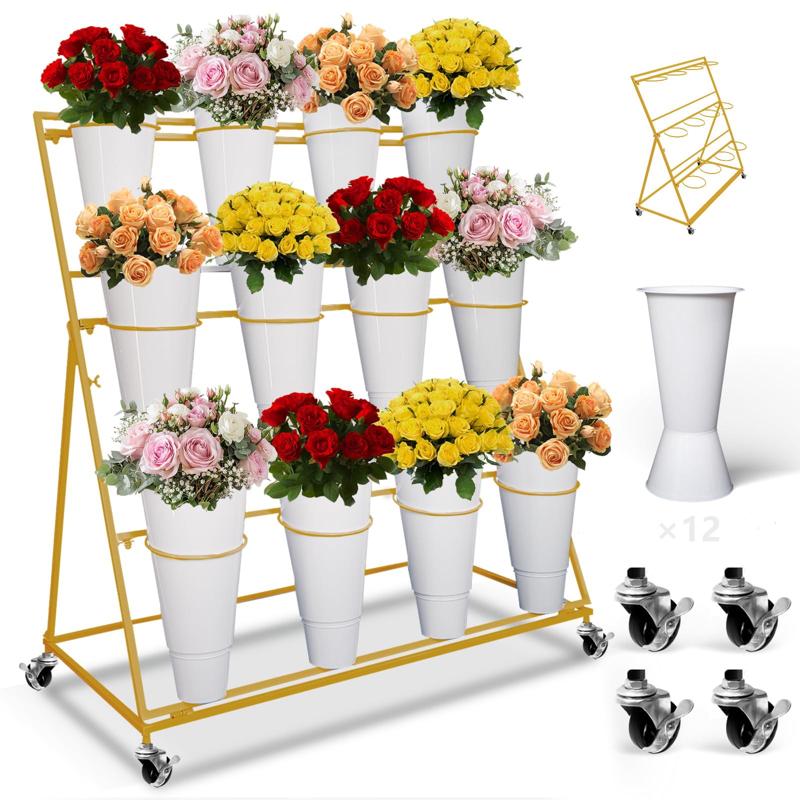 Étagère pour bouquets de fleurs dorée robuste sur roues à 3 niveaux