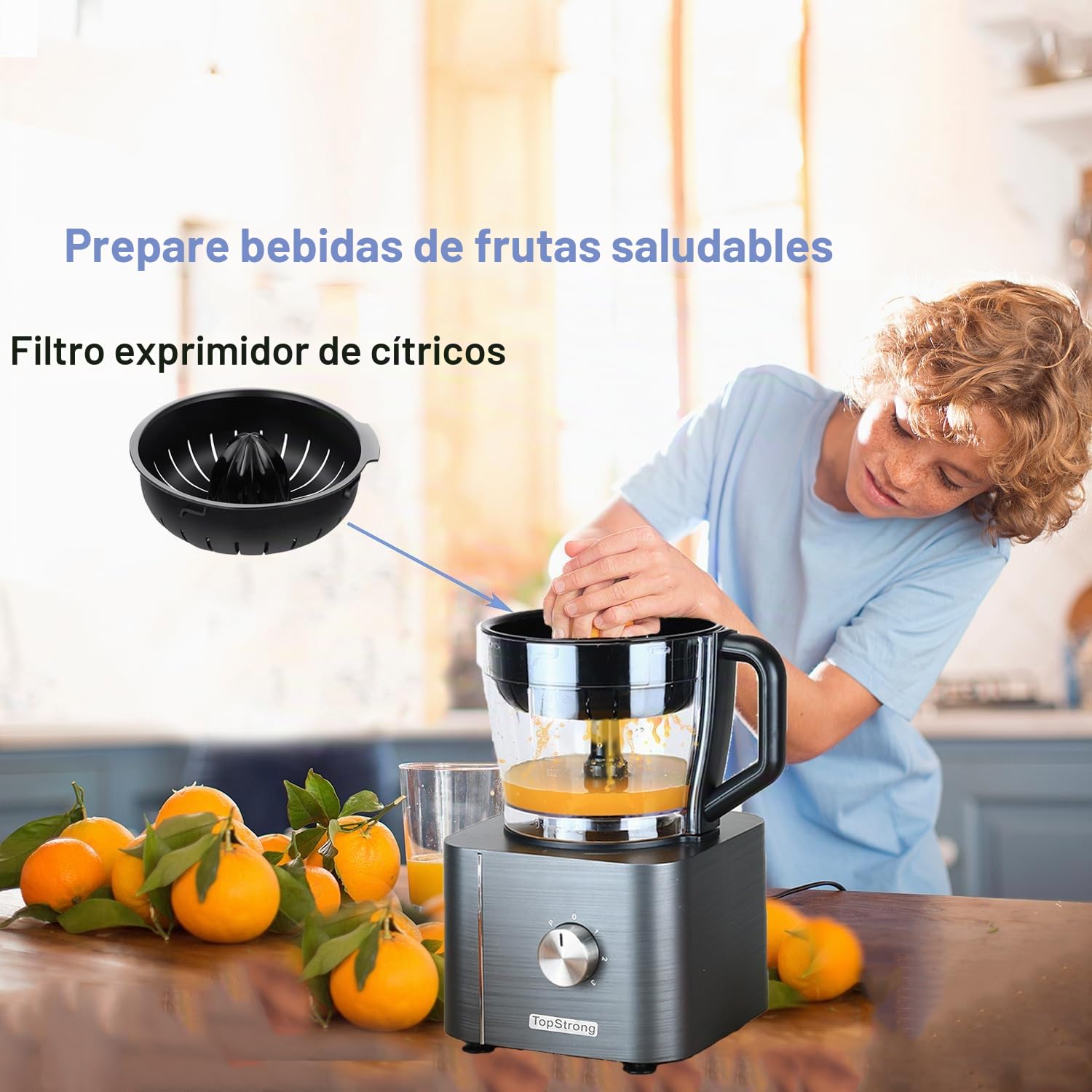 TopStrong Procesador de Alimentos, 800W Robot de Cocina, 3 Velocidades y Pulse, Recipiente de 2L, Incluye 3 Discos de Corte, Picadora, Amasadora y Batidor