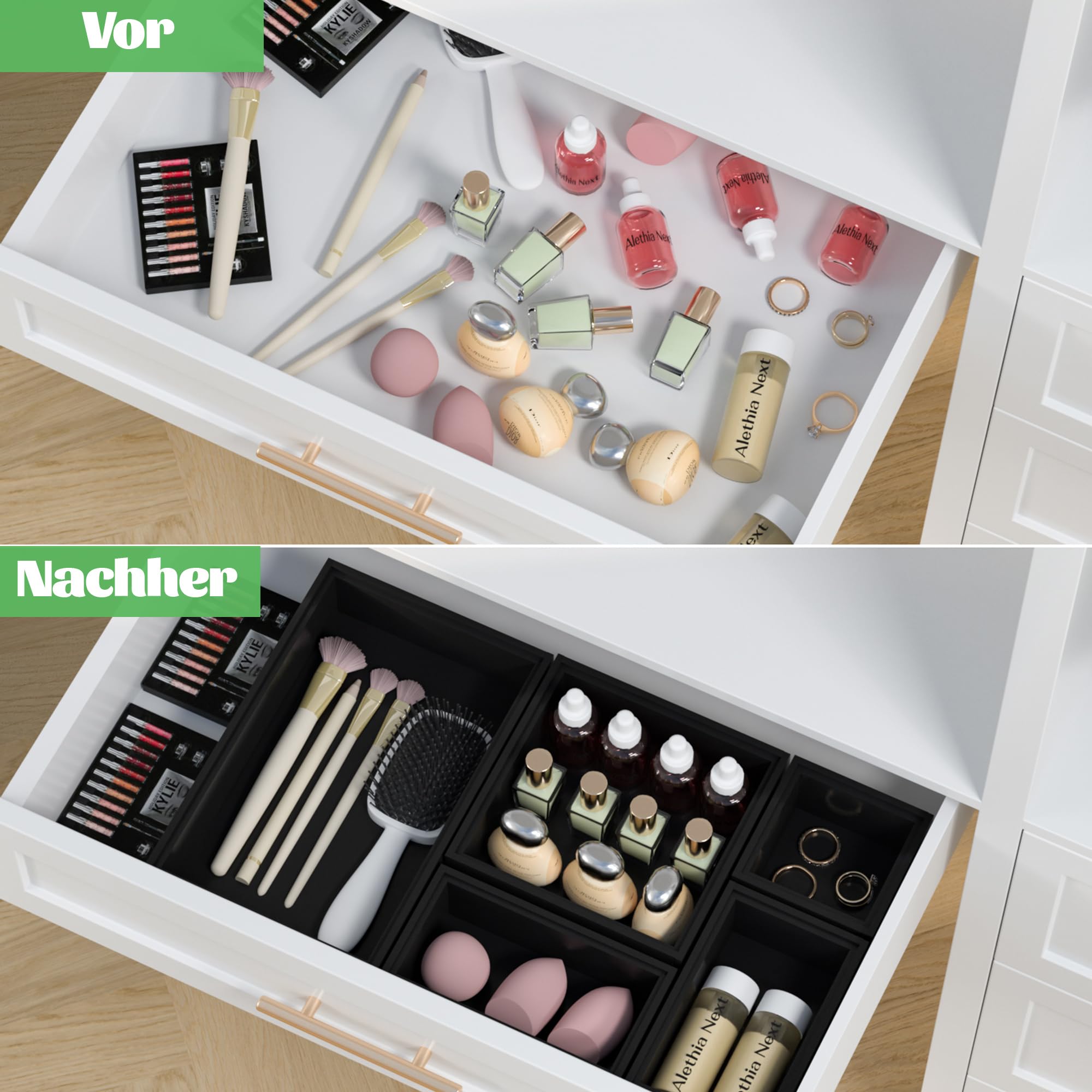 Set Da 5 Organizer Per Cassetti In Bambù Nero - Divisori Impilabili Multiuso Per Cucina, Bagno, Ufficio E Trucco - copertina