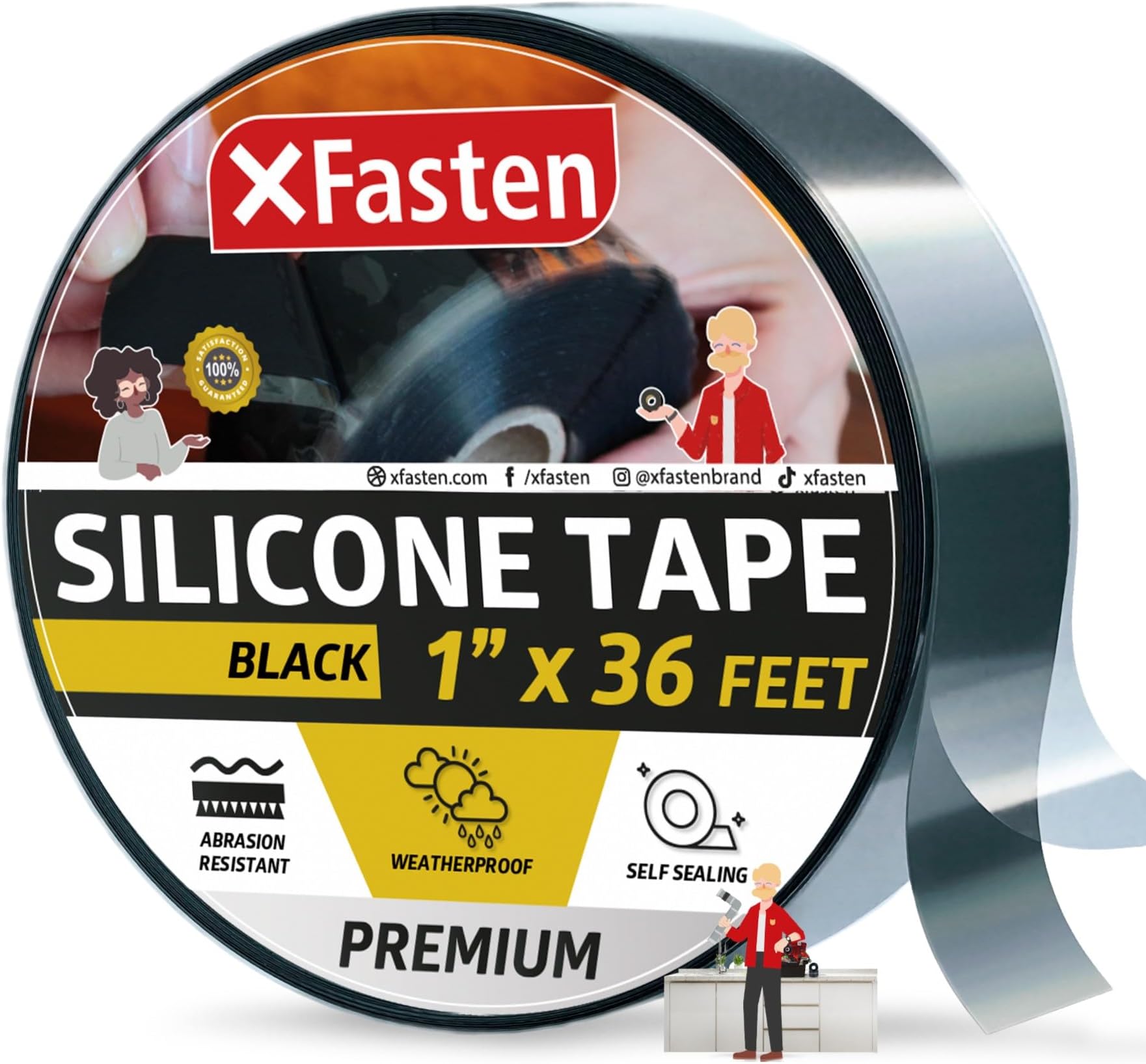 XFasten (2.5cm x 11m, Black) - Self Fusing Silicone Tape Black 2.5cm X 11m, Silicone Tape for Plumbing, Leak Seal Tape Waterproof, Silicone Grip Tape, Rubber Tape Thick for Pipe, Hose Repair Tape, ...