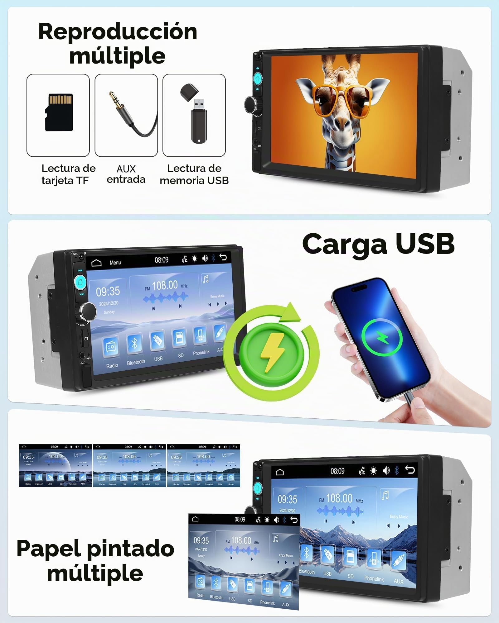 Radio Coche 2 DIN con Pantalla Táctil IPS de 7 Pulgadas Manos Libres, USB, AUX, TF, FM, Pantalla compartida Mirror Link, Reproductor MP5 y cámara de visión Trasera.
