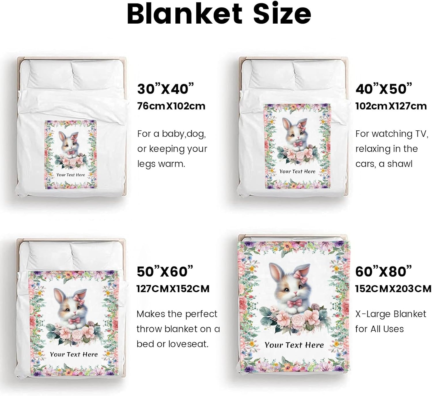 Rabbit Throw Blanket, Soft Cozy Birthday Christmas Personalized Blanket for Couch Sofa Living Room Bedroom, 60" x 80"