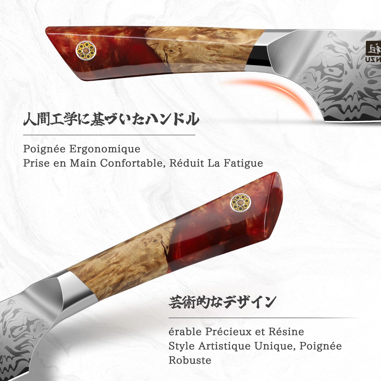 SHAN ZU Couteau de Chef Damas, Couteau de Cuisine Japonais en Acier en Poudre SG2, 20cm Couteau Japonais Forgé à la Main en 91 Couches d'acier Damas, Manche en Érable- WHITE TIGER Series