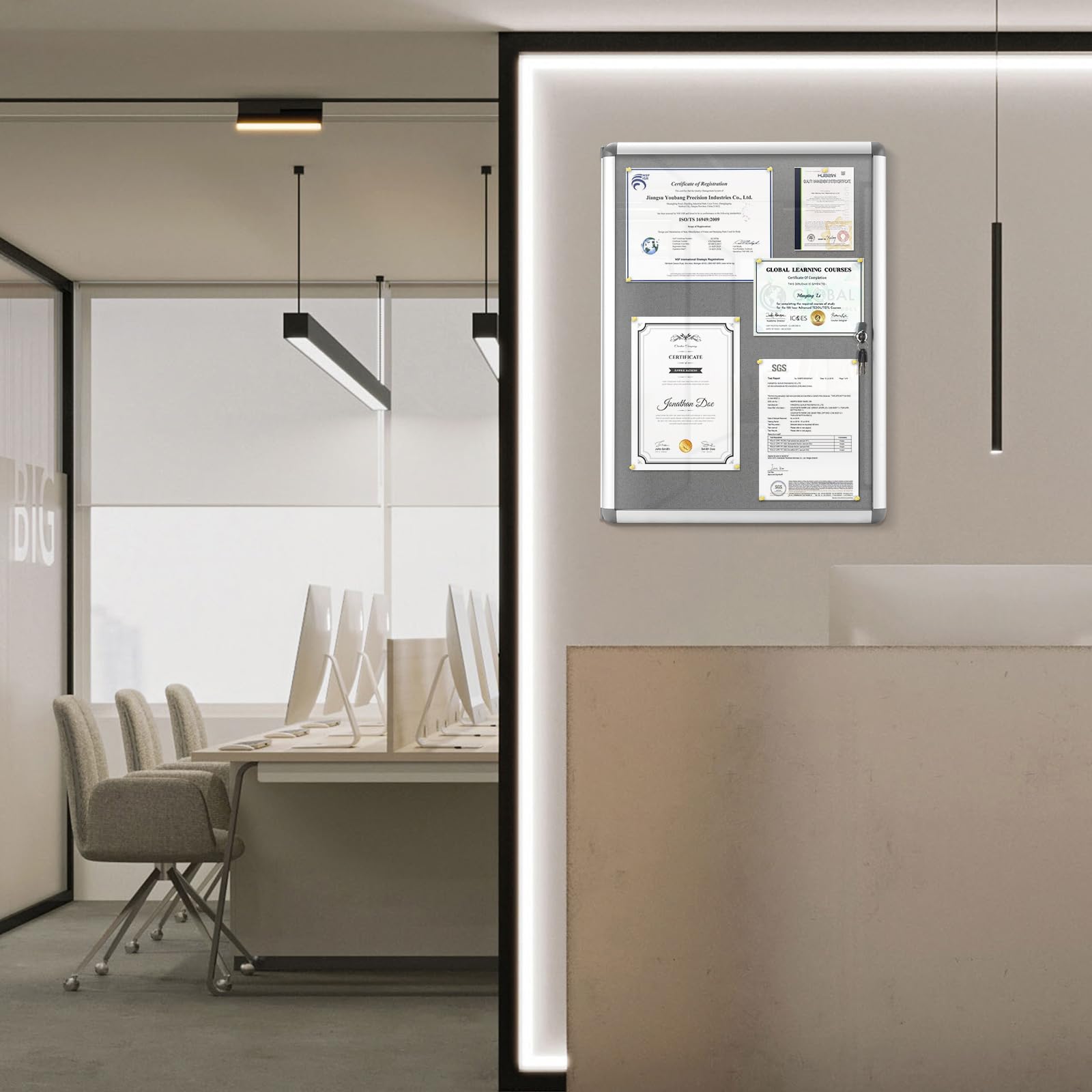 MAKELLO Schaukasten 4xA4 Alu Infokasten Plakatschaukasten Innen, Abschließbar, FilzrüCkwand, Grau - 67x 50cm