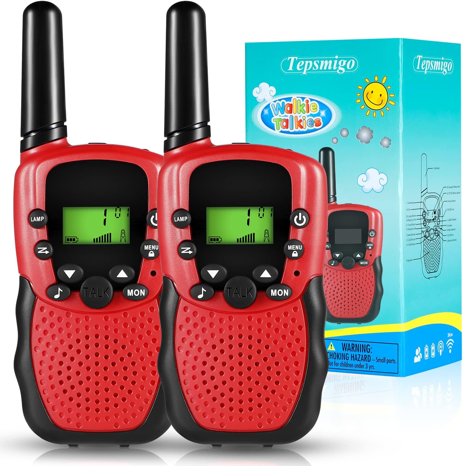 Tepsmigo Walkie Talkie for Kids, Toys for 3 4 5 6 7 8 9 10 Year Old Boys Girls, 2Pack Kids Walkie Talkies - 22+99 Channels and Backlit LCD Flashlight, 3 Miles Range for Outside, Camping, Hiking