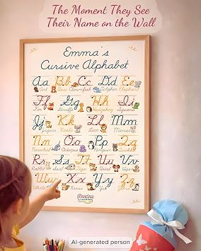 Personalized Cursive Alphabet Poster Wall Chart with Your Childs Name | Poster with Cute Animals for Each Letter | U.S. Classroom Writing Standards | Big Format 18 x 24