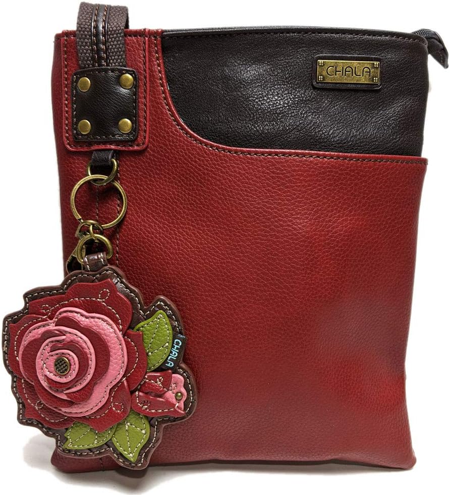Chala Crossbody Phone Purse | SOFT PU Leather SWING Bag with Chala Key fob (Burgundy - Red Rose)