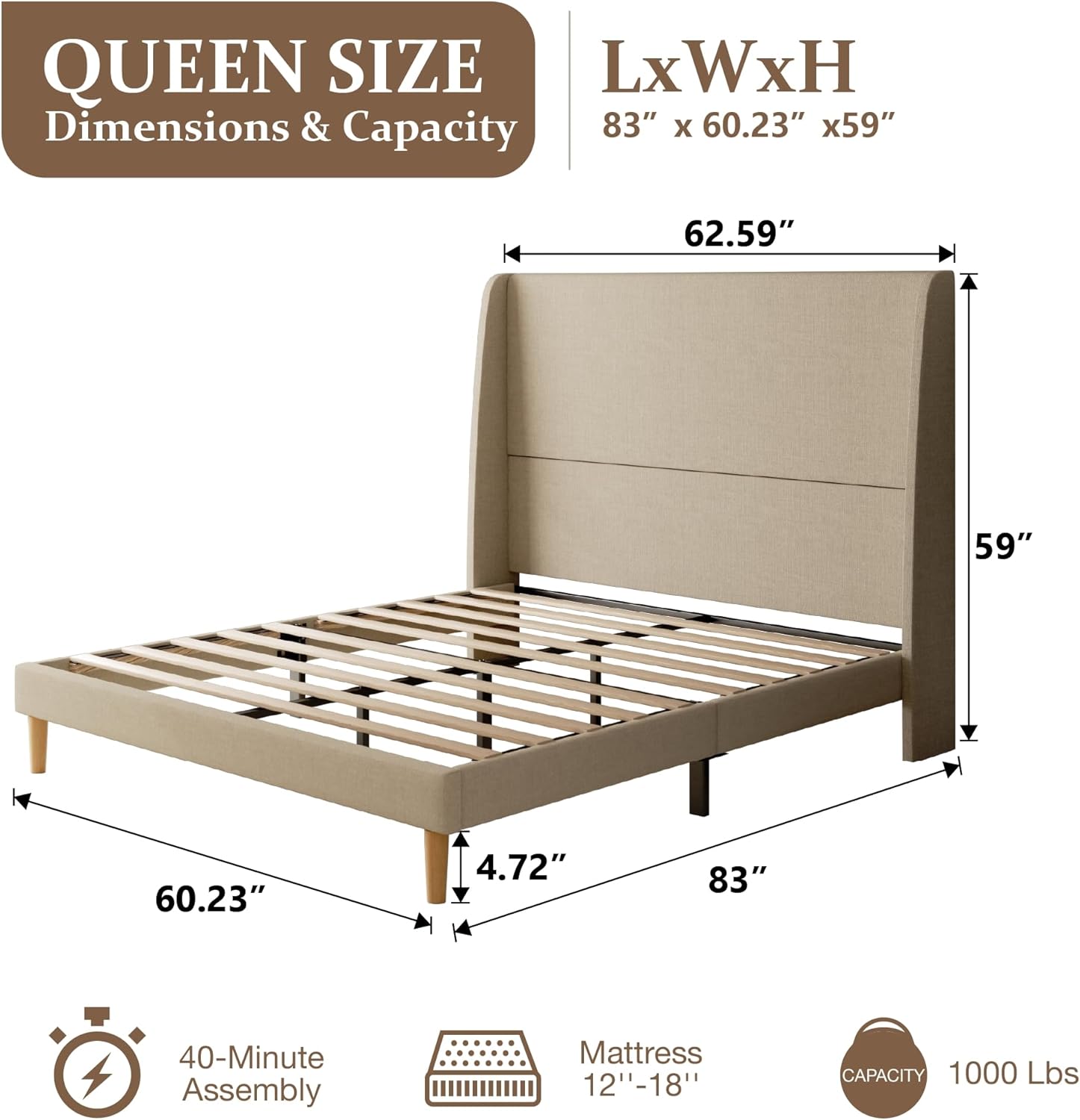 Sismplly Queen Size Bed Frame with 59" Tall Wingback Headboard, Upholstered Platform Bed, Heavy Duty Support, No Box Spring Needed, Wooden Slat Support, Solid Wood Legs, Easy Assembly, Beige