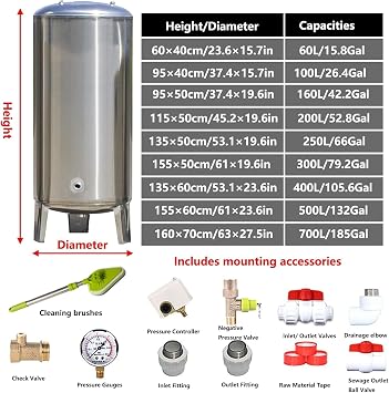 Well Pump Pressure Tank, Stainless Steel Water Pressure Tank, Vertical Pressure Tank for Water System/Well Pump Pressurization(Size:(135x50cm/53x19in) 250L/66Gal)