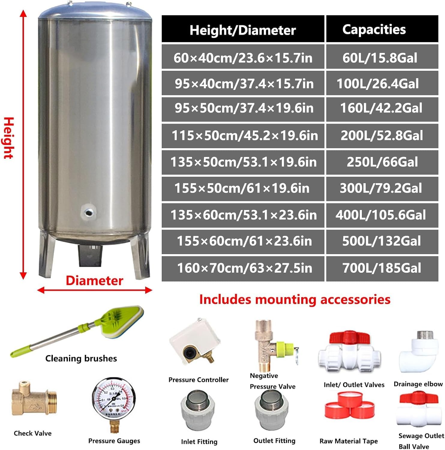 Large Well Pressure Tank Kits, 16 -185 Gallon Pressurized Tank,Vertical 304 Stainless Steel Water Pressure Tank For Well Systems Well Tanks Kitchen/Shower/Toilet(Size:(135x50cm/53x19in)250L/66Gal)