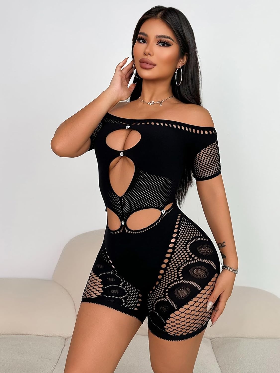 Women Sexy Mesh Lace Jumpsuit Shorts Rhinestone Hollow Off Shoulder Club Bodysuit Party Rave Night Out Romper - Image 3