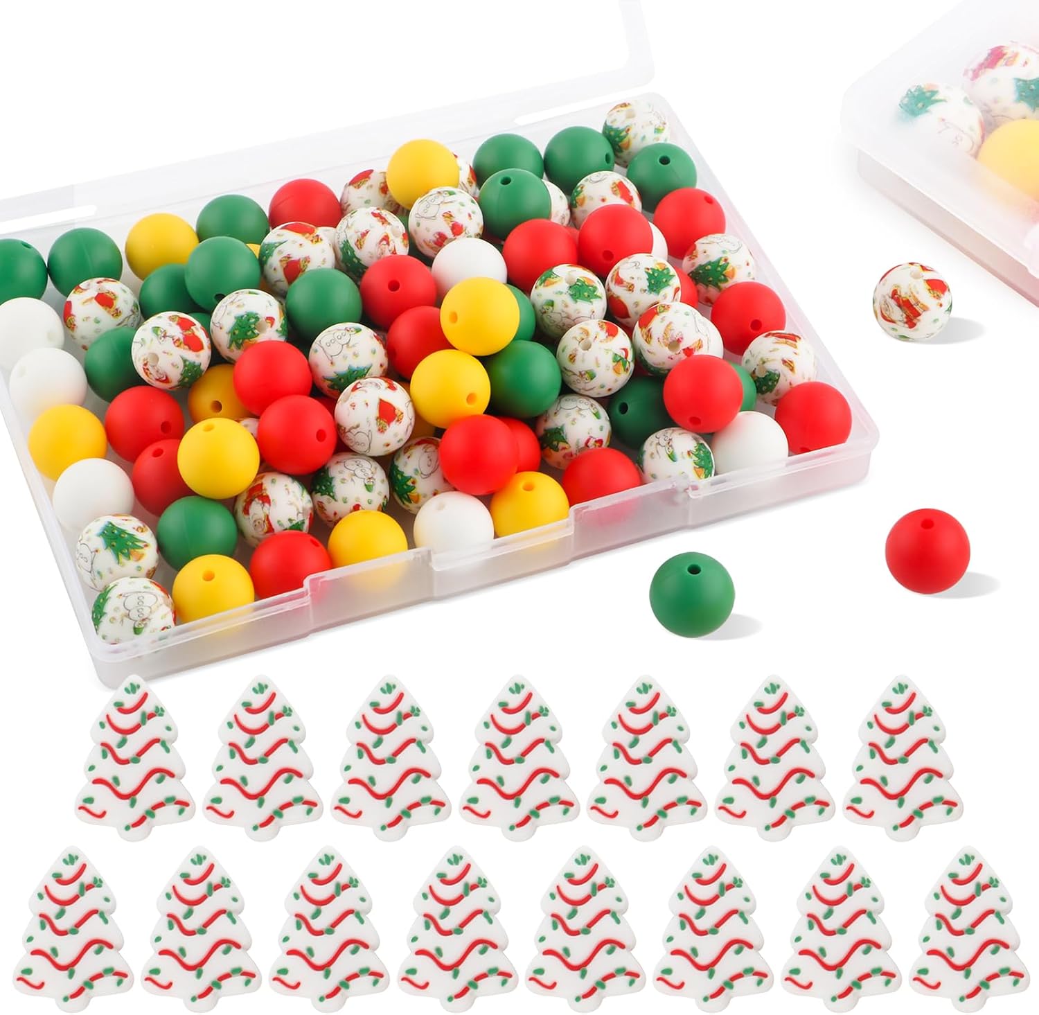 Sunrony 155Pcs Christmas Silicone Beads，Christmas Print 15mm Silicone Beads for Keychain Making and Christmas Silicone Focal Beads for Pens Bracelet Necklace Crafts
