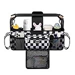 TOPDesign Universal Baby Stroller Organizer, Double Stroller Caddy with Detachable Mesh Bag & Heightened Insulated Cup Holders & Non-Slip Secure Hooks Accessories, Fits Most Strollers (Checkerboard)