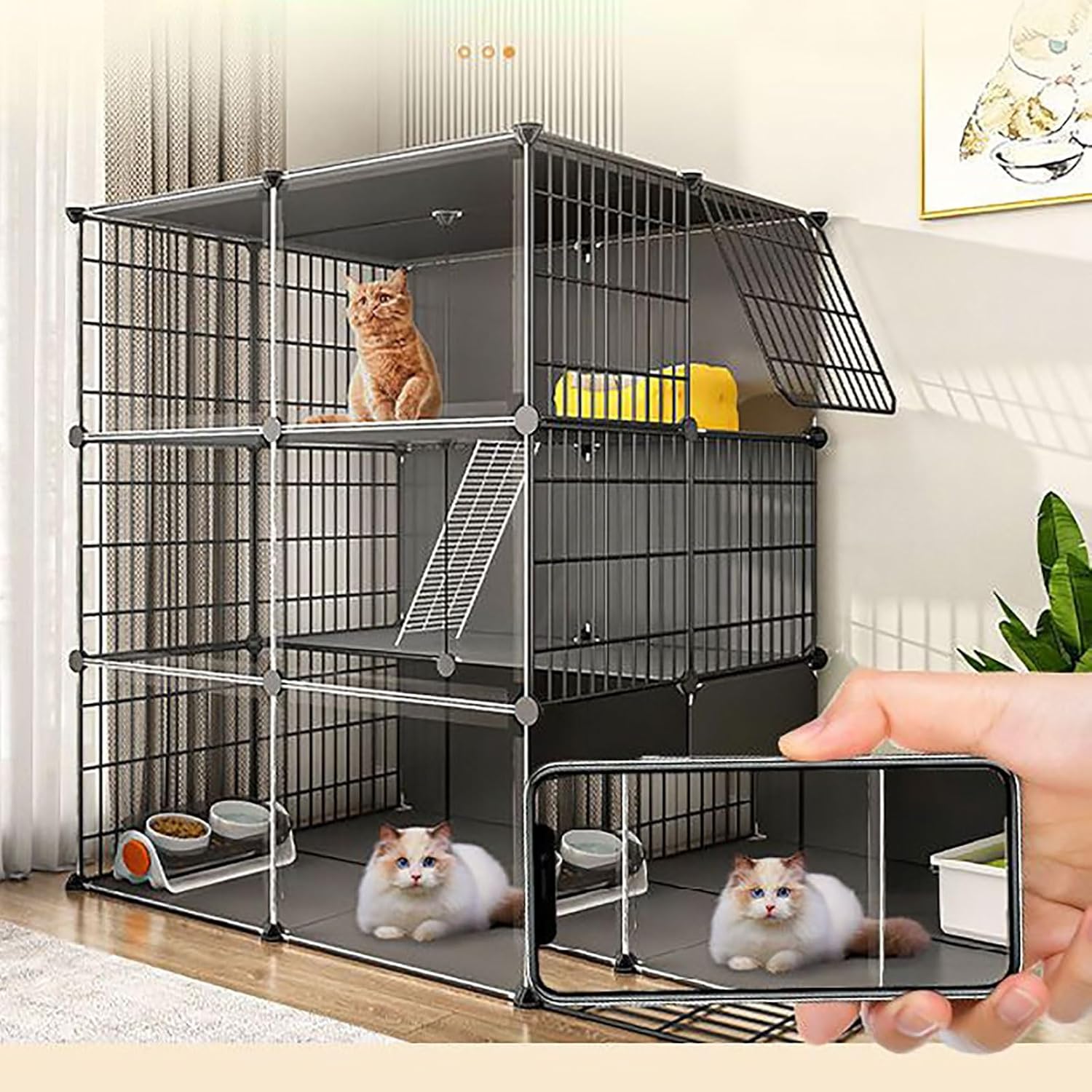 Indoor Cat Cage with Litter Box Large DIY Cat Enclosure Small Animals Cages Cat Playpen with Doors Kitten Crate Indoor Use Pet Cages for Cats,Bunny,Chinchilla,White
