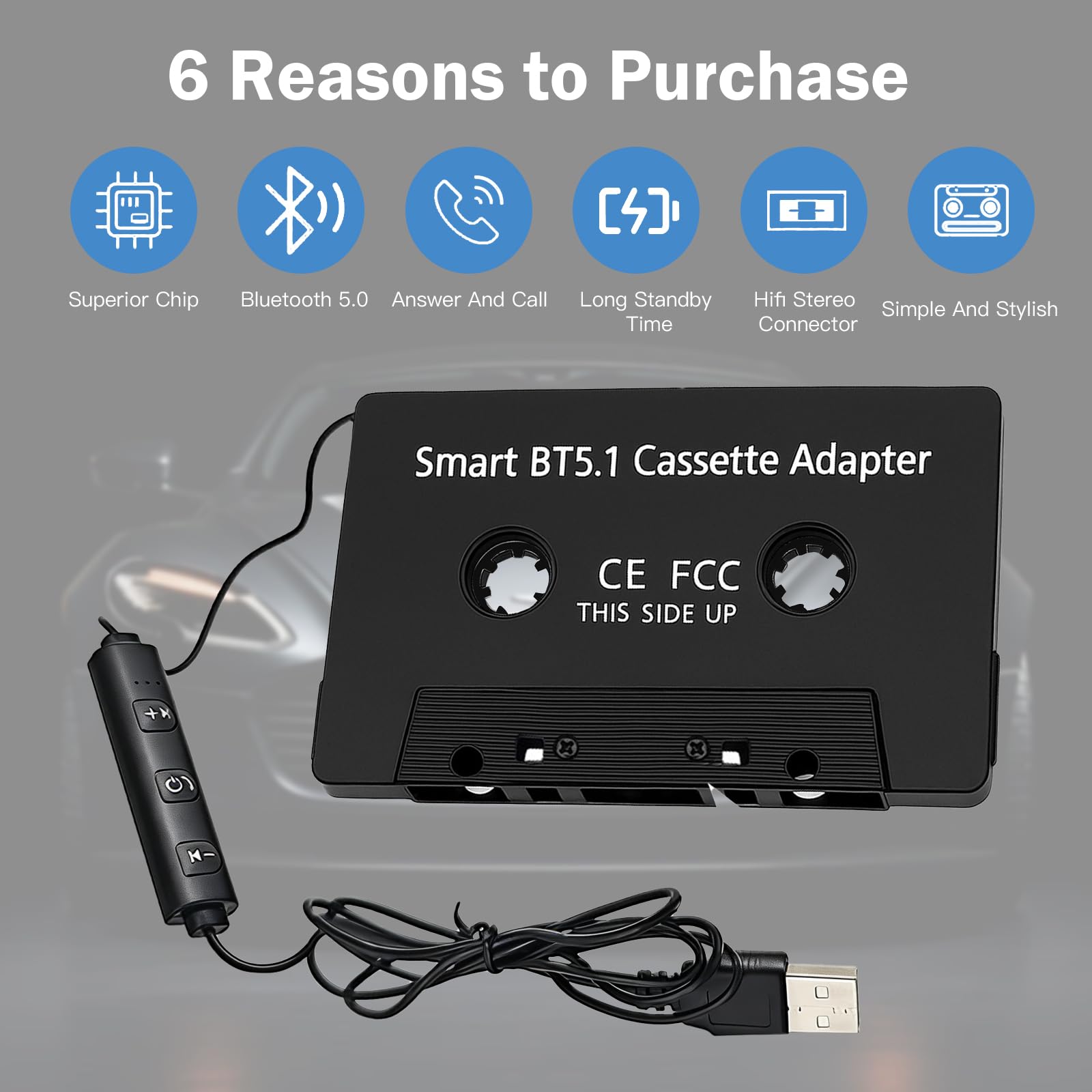 Adapter kasetowy Bluetooth do kasety samochodowej 5.1, adapter kasetowy do radia samochodowego, adapter kasetowy z mikrofonem Hi-Fi Stereo, rozmowy głośnomówiące do smartfonów/odtwarzaczy MP3/CD