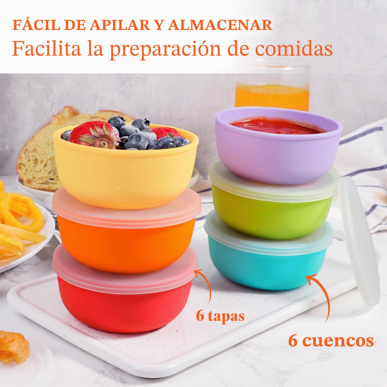webake 6 cuencos pequeños con tapa de silicona, juego de cuencos de cereales con tapa, cuencos para salsas, aperitivos, postres, salsas y salsas