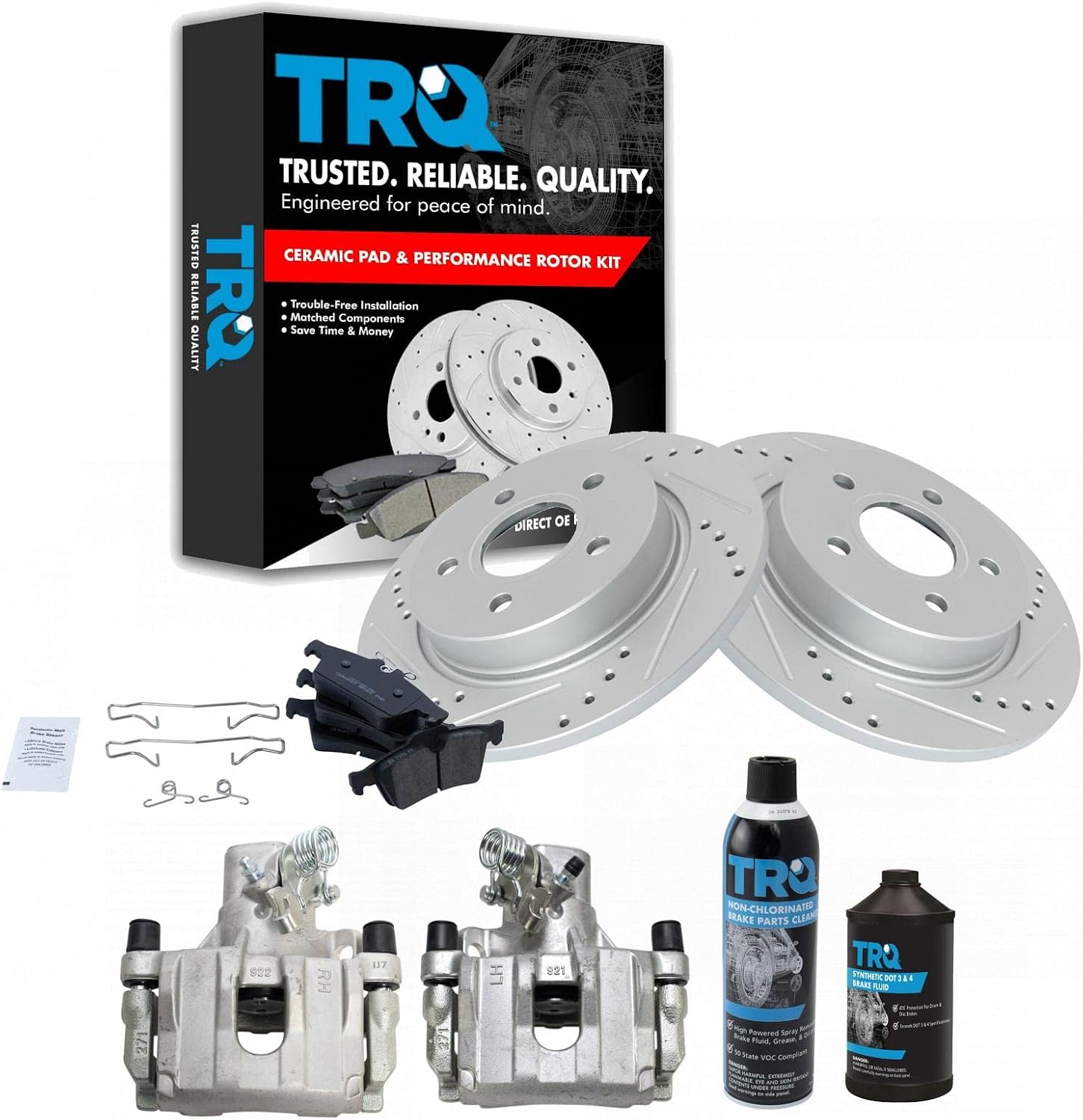 TRQ Rear Performance Brake Pad, Caliper, & Rotor Kit, with Chemical Kit Ceramic Premium G-Coated Compatible with 2012-2018 Ford Focus