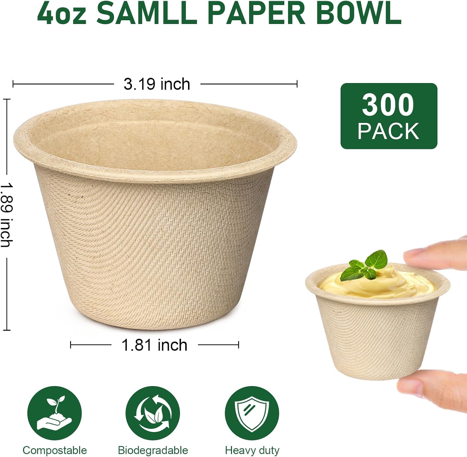 4 oz Small Paper Bowls Bulk, 300 Pack Disposable Paper Chili Bowls, Recycled Compostable Bowl for Condiments, Sauce, Ice Cream, Mini Sample Cup