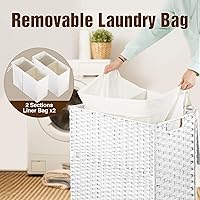 Vista 7 de Greenstell Cesta para la ropa sucia con 2 bolsas de forro extraíbles, cesta para ropa dividida de 90L, cesta de lavandería plegable de ratán Blanco