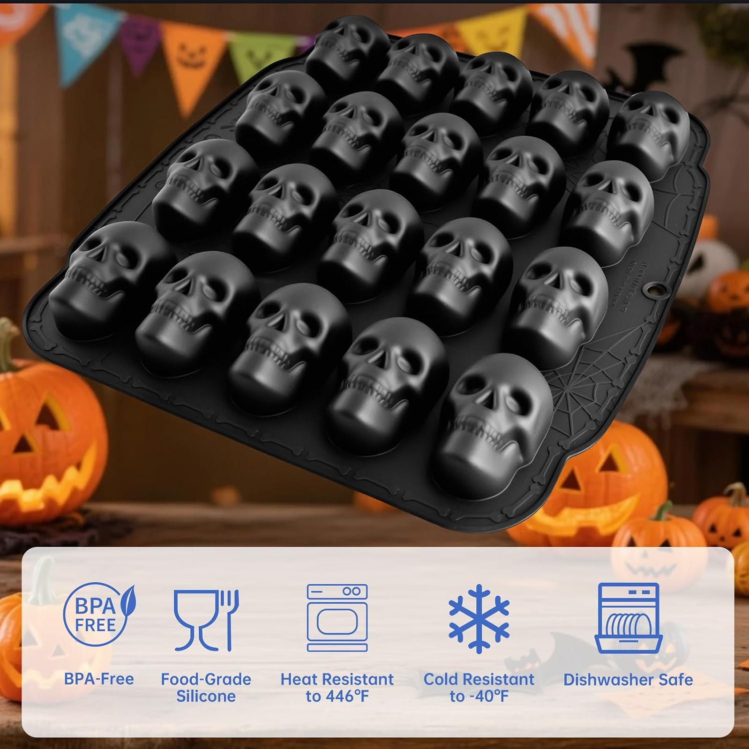 NiHome 20 Cavities Silicone Skull Mold for Baking Chocolates Making, Black