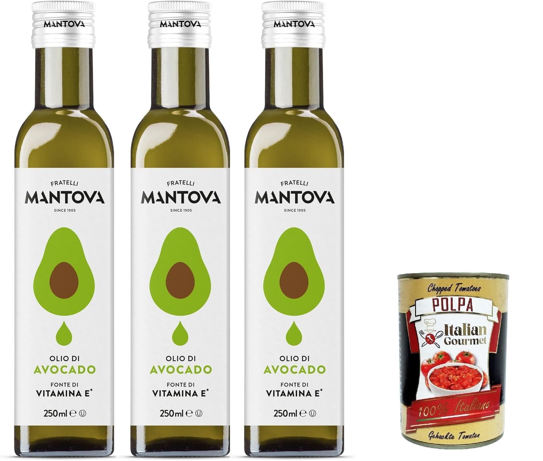 Fratelli Mantova Olio di Avocado Avocadoöl – Nutrazeutisches Öl – 100% natürlich und 100% rein – Gesundheit und Wohlbefinden – enthält natürlich Vitamin E 3x250 ml + Italian Gourmet polpa 400g
