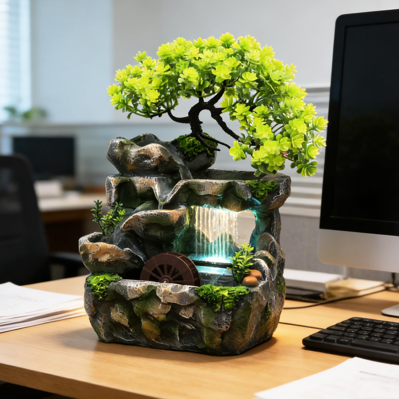 Fontaine d'intérieur avec éclairage LED, Fontaine de Table d'eau en Rocaille Cascade de Bureau Cascade de méditation Zen Fontaine de Bureau avec Plantes Décoration pour Salon
