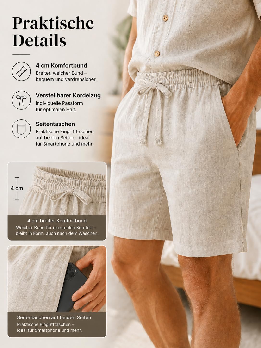 RAKUYUME Herren Leinen Pyjama Set, Sommer, Kurzarm