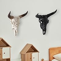 Vista 4 de OTARTU Escultura para colgar en la pared, diseño tribal negro, diseño tallado con calavera de buey de 19 pulgadas, arte de decoración de pared