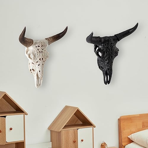 Miniatura 4 de OTARTU Escultura para colgar en la pared, diseño tribal negro, diseño tallado con calavera de buey de 19 pulgadas, arte de decoración de pared
