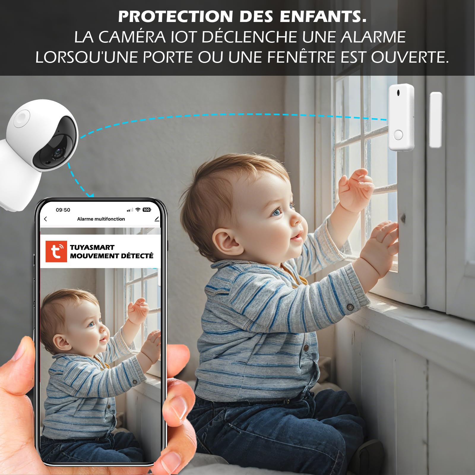 Kit Alarme étendu KYF-ALARM-012-ET Maison avec Caméra IP 4MP, 2 Détecteurs de Mouvement, 2 Détecteurs d'Ouverture, 2 Télécommandes, Sirène 90dB