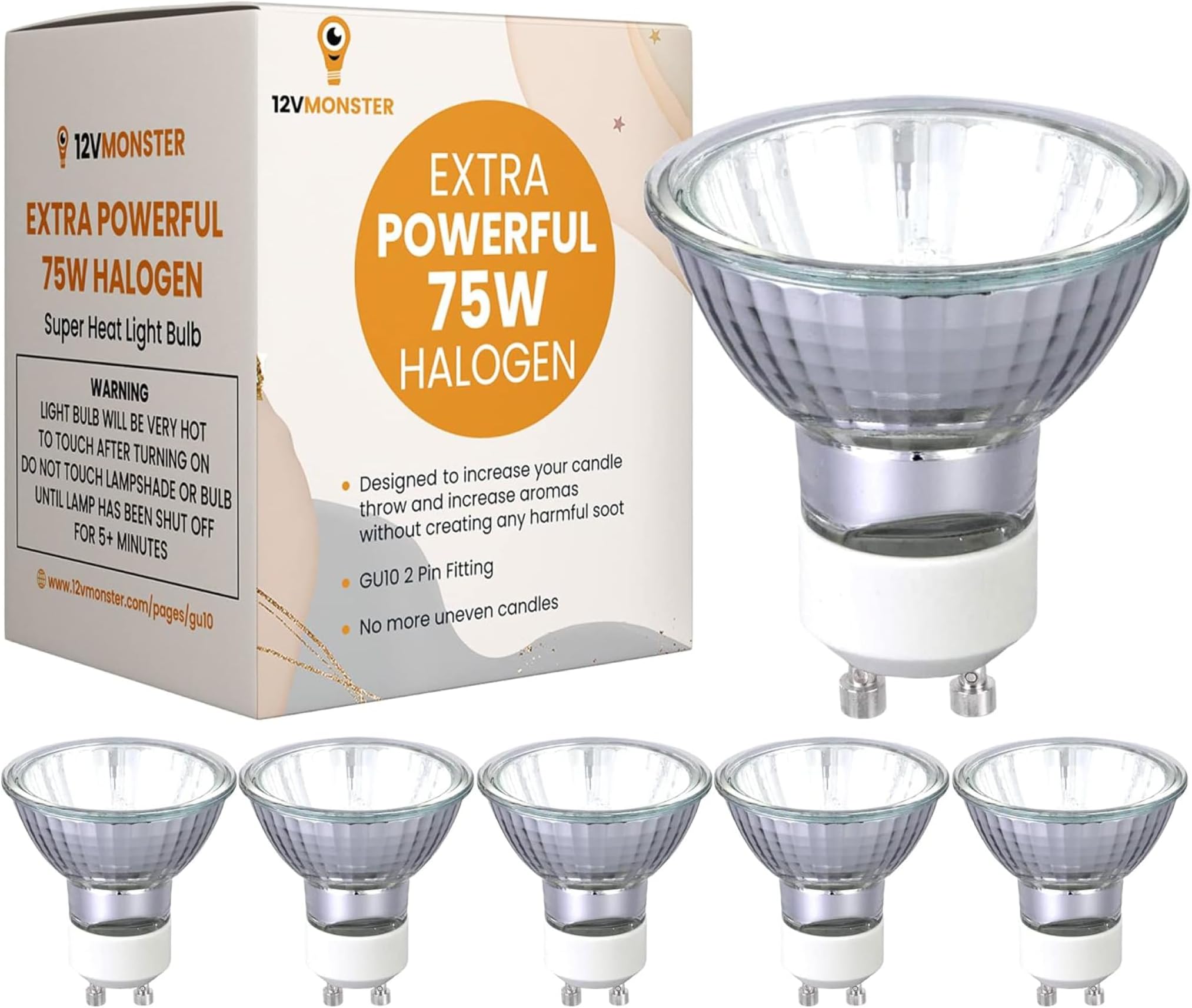 12Vmonster GU10 Halogen Heat Spot Light Bulb 6 Pack 120V 75 Watt Twist NP5 Fitting Candle Warmer Replacement High Intensity Heat Dimmable Wax Burner Bathroom 75W Heating Scented Melts
