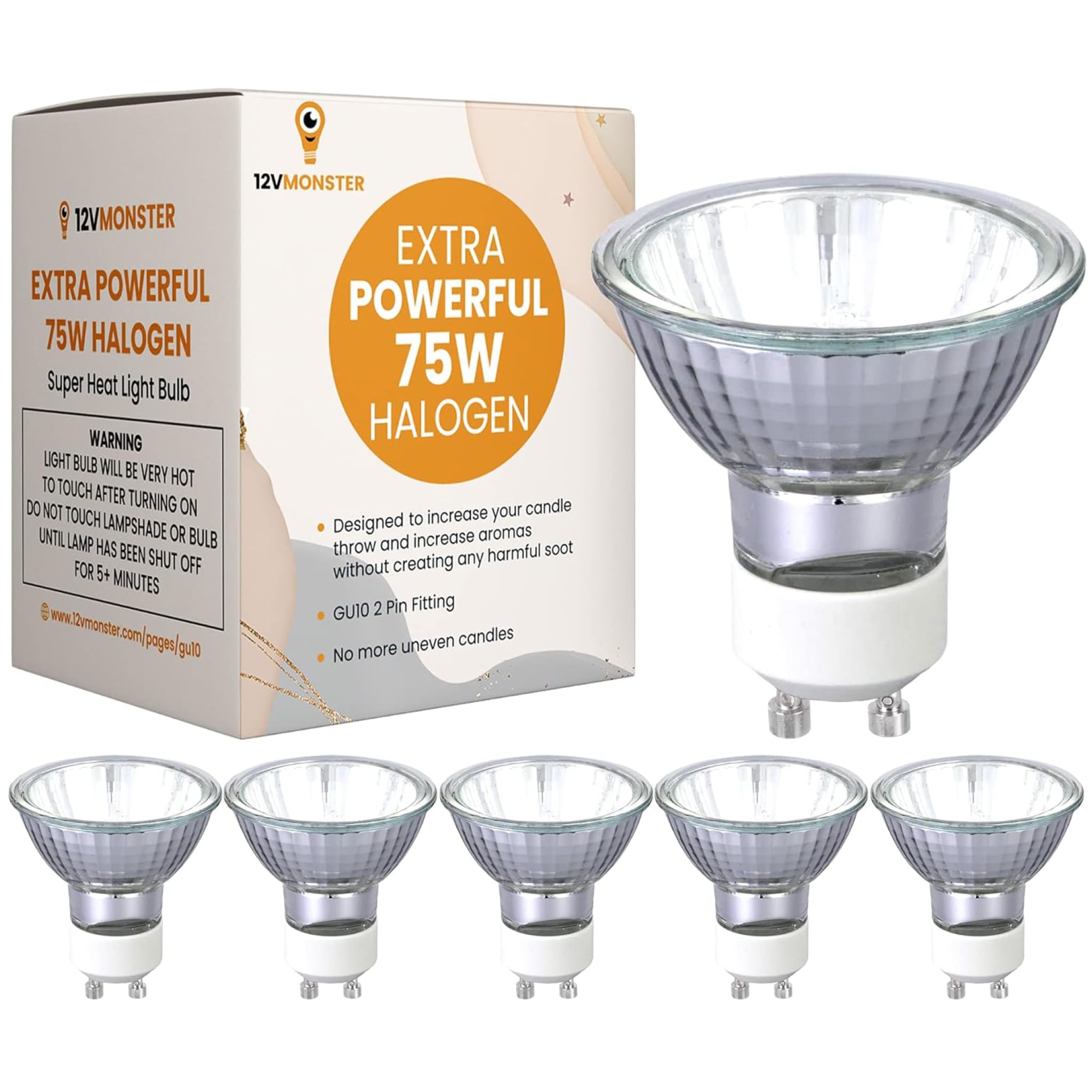 12Vmonster GU10 Halogen Heat Spot Light Bulb 6 Pack 120V 75 Watt Twist NP5 Fitting Candle Warmer Replacement High Intensity Heat Dimmable Wax Burner Bathroom 75W Heating Scented Melts