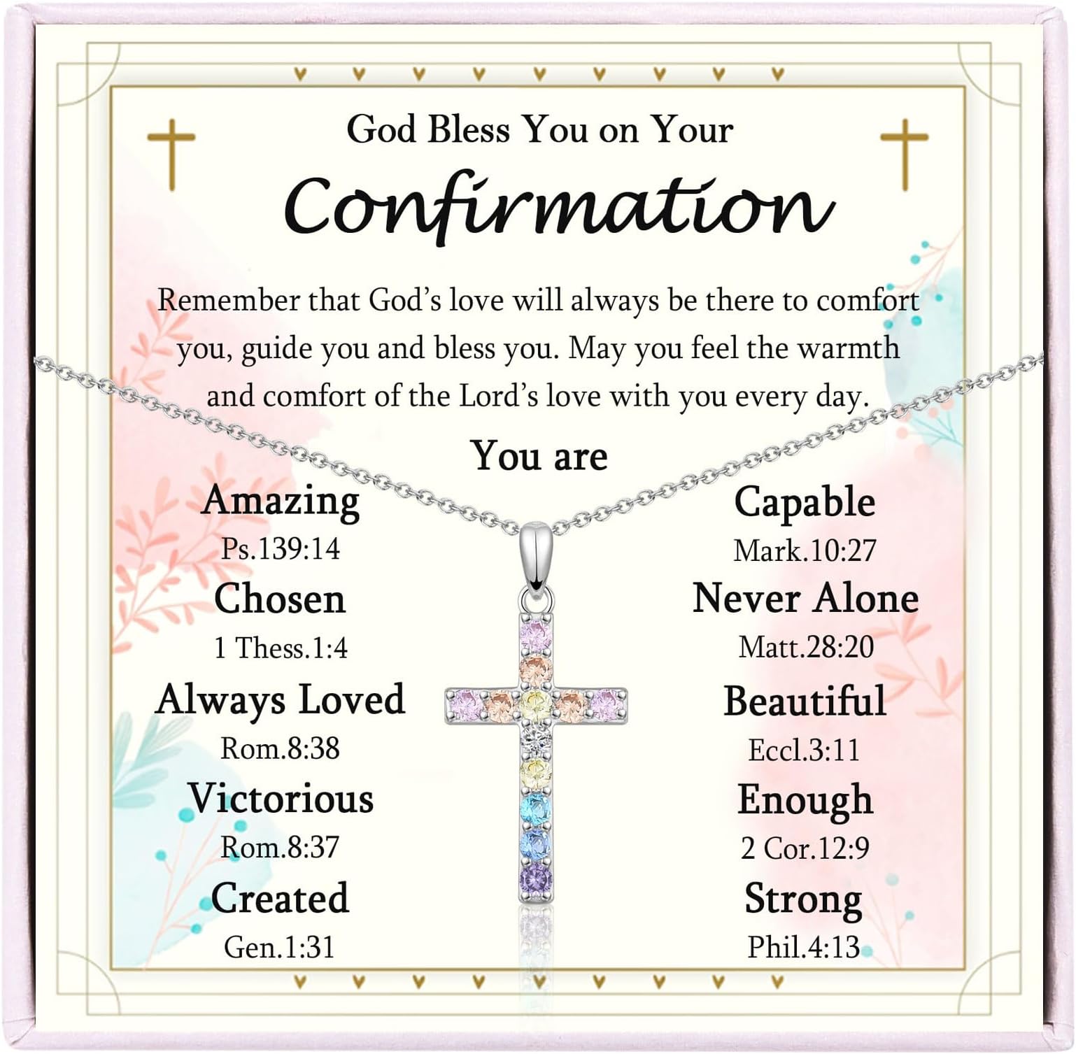 Baptism Holy Communion Confirmation Gifts for Girls, Colored Cubic Zirconia Cross Necklace Christening Gifts for Girls Daughter Niece Sister Granddaughter
