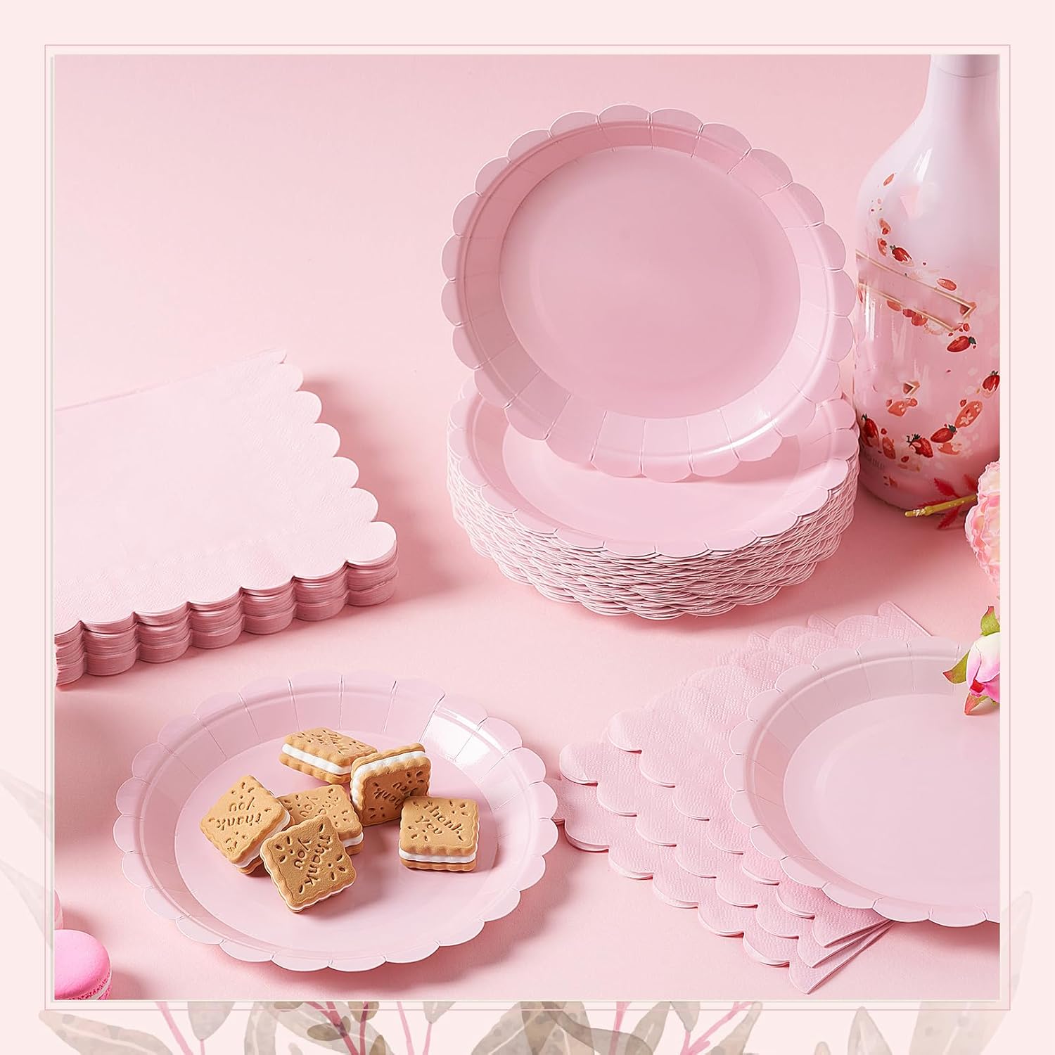 120 Pcs Pink Paper Plates and Napkins Party Supplies Bulk Disposable 7 Inch Scalloped Plates Cocktail Napkins for Wedding Bridal Baby Shower Birthday Decorations, Serve 60 Guests - Image 5