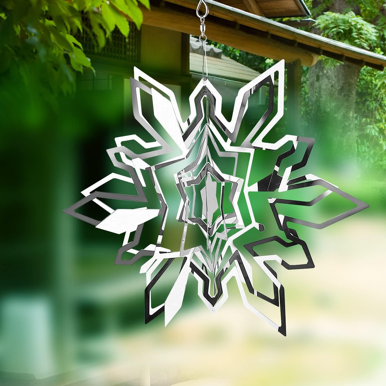 Hanging Wind Spinner Outdoor Metal Decorations, Silver Wind Spinners for Yard and Garden, 3D Mirror Stainless Steel Wind Sculptur Chime Indoor Outdoor Garden Decoration Worth Gift (Snowflake)