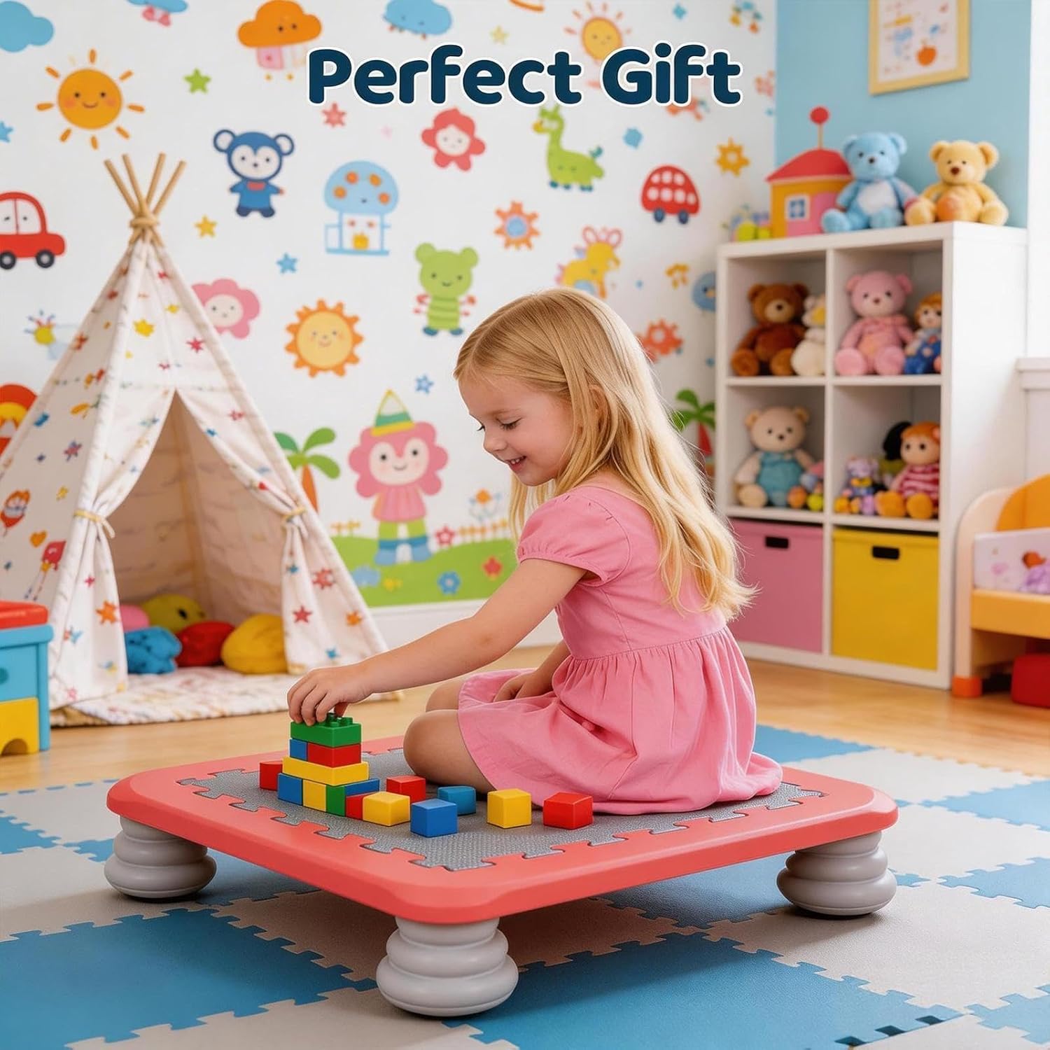 Indoor Small Trampoline for Kids Ages 3-12 | 25 Inch Square Leaps and Rebounds Trampoline | Bouncing Board with Non-Slip Base | Autisms Kid Sensory Integration Training Body-Building