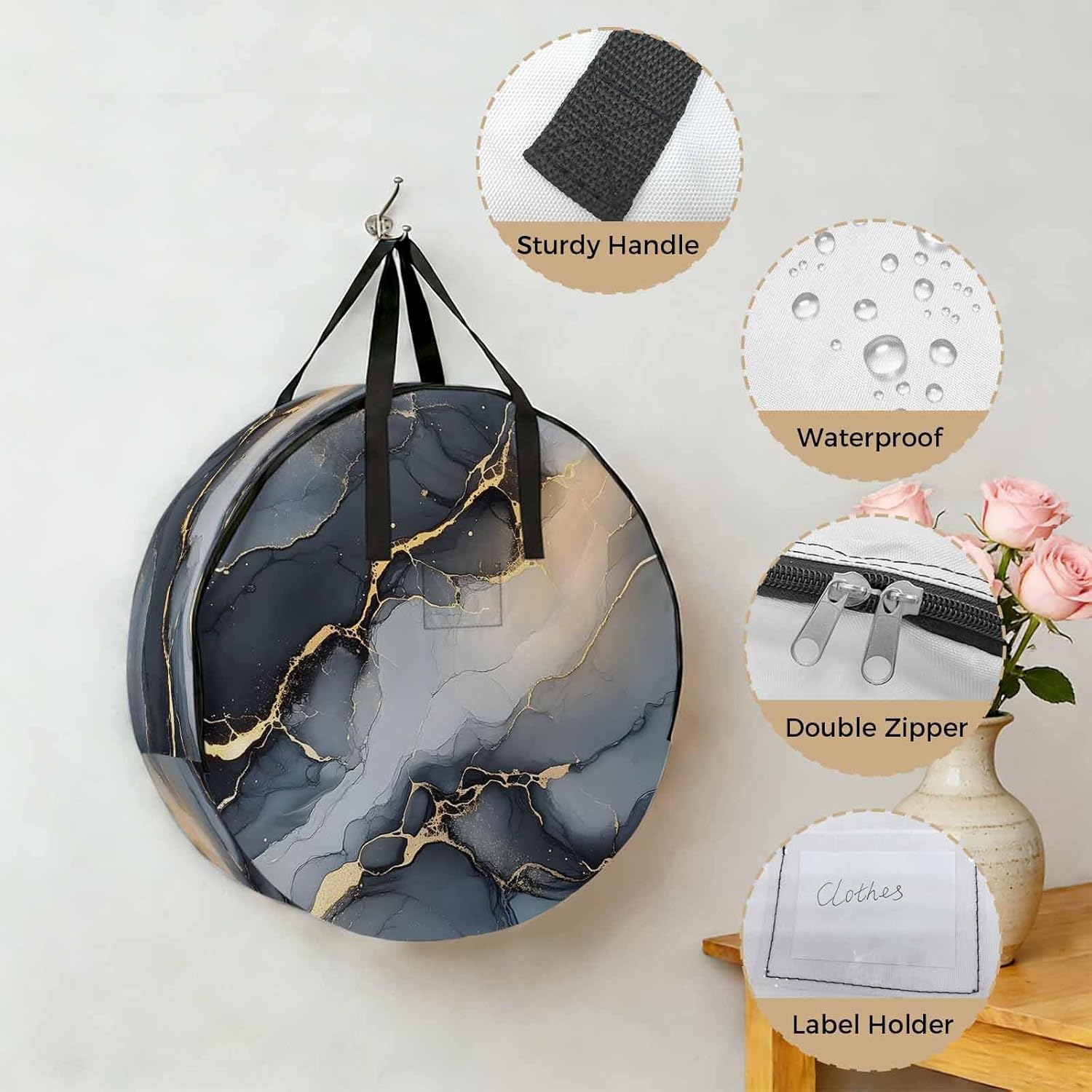 Abstract Marble Texture Round Storage Bag 24 Inch, Grey Shinny Gold Gradient Art Clothes Storage Container with Handles Heavy Duty Organizer for Comforter, Bedding & Holiday Wreaths