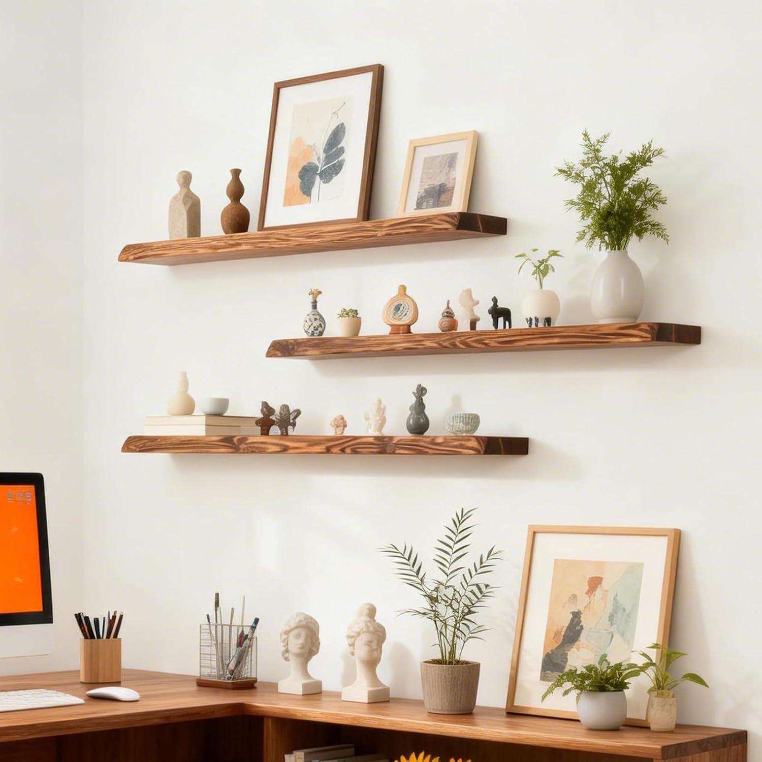 24 Inch Live Edge Floating Shelves for Wall Set of 2, Solid Finnish Spruce Natural Wood Floating Shelves, Thick Rustic Edge Shelves for Bathroom, Kitchen, Living Room Decor, Brown Finish