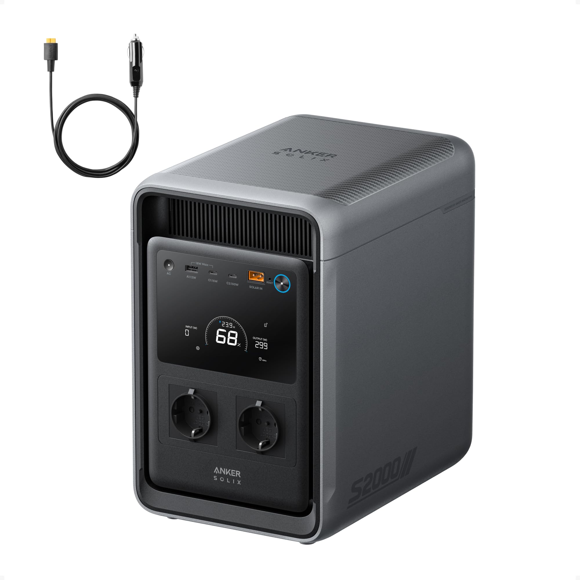 Anker SOLIX S2000 Powerstation mit Autoladekabel, 2.010Wh | LiFePO4-Akku, 3.000W Spitzenleistung, erweiterbare Kapazität, 24 Stunden Backup, 10ms USV, Solargenerator
