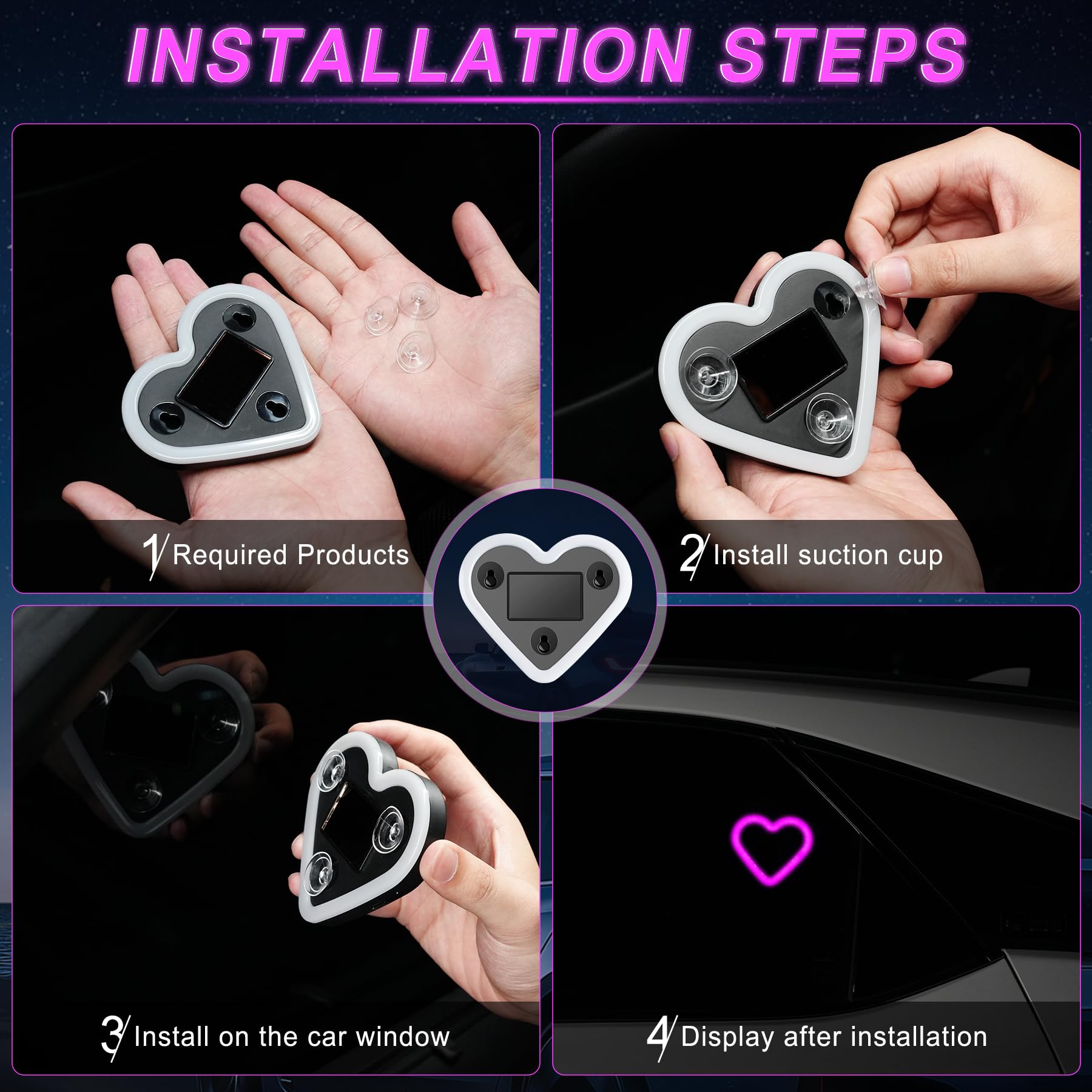 Car LED Interior Lights Heart-Shaped Ambient Light for Windows 5 Lighting Modes Charging Through Type-c and Solar Energy — view 4