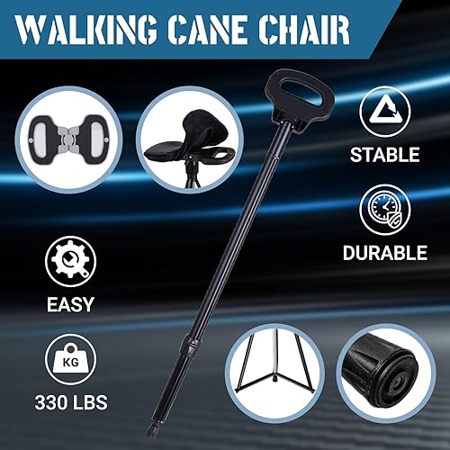 Miniatura 6 de Bastón con asiento, asiento de bastón portátil ajustable, bastón con asiento, taburete plegable con 2 bases de bastón, bolsa de almacenamiento de