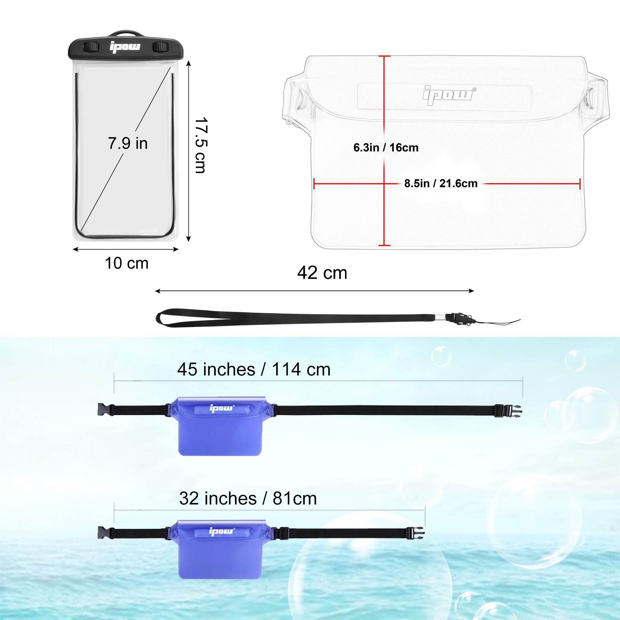 ipow Waterproof Bag Case with Adjustable Waist Strap & One-Piece Phone Pouch with Transparent Screen Touchable for Beach Swimming - Image 2