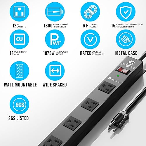 Miniatura 2 de BERIGTTA Regleta de alimentación de metal con protector de sobretensiones de 12 salidas, toma de corriente montable 1800J, regleta de alimentación