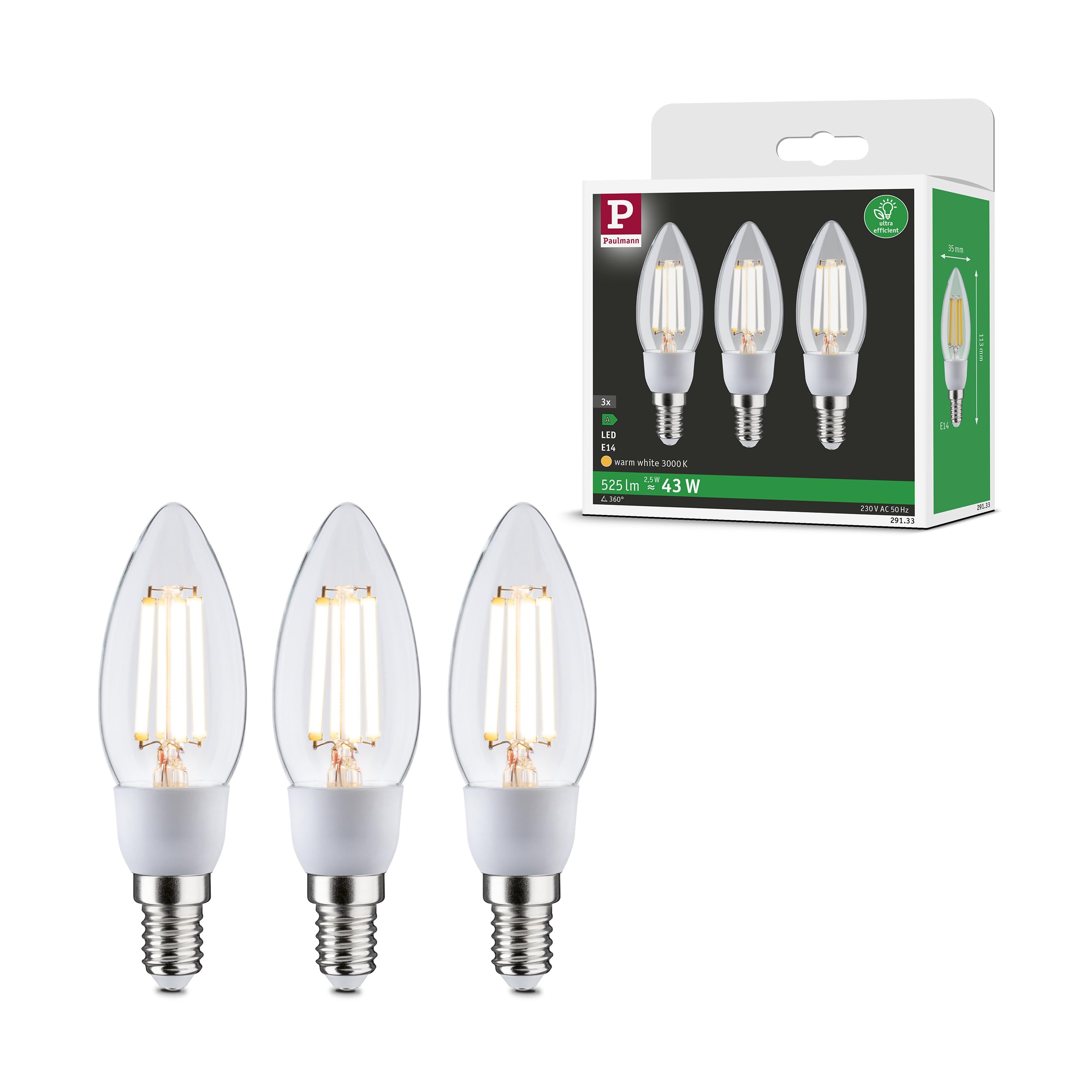 Paulmann 29133 Eco Line Filament 230V LED Candle E14 3x525lm 3x2.5W 3000K Clear lamp