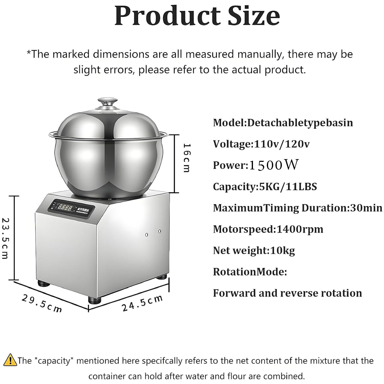 Teigmischer, 5 kg Kapazität, Dual-Rotation Kneten, Timer & Touch-Steuerung, Mehlmixer für Bäckerei, Pizza, Brot & Gebäck, Handelsqualität