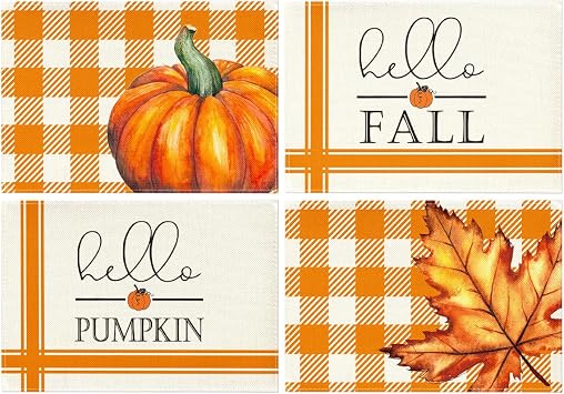 Artoid Mode Hello Fall Pumpkin Maple Leaves Placemats for Dining Table, 12 x 18 Inch Orange Buffalo Plaid Harvest Table Mats Set of 4 for Party Dining Decoration