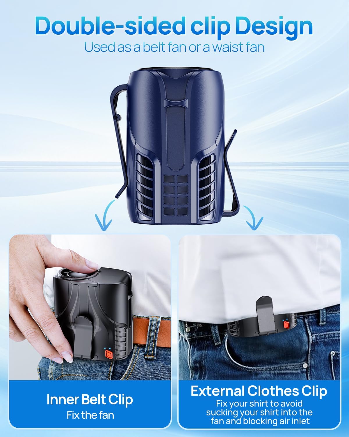 Portable Personal Waist Fan& Neck Fan, 14000RPM Brushless Motor, 40H Runtime Rechargeable, 6-Speed Quiet Operation, Clip-On Personal Body Cooling for Camping/Worksites/Outdoor
