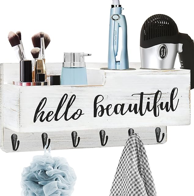 Rustic Hair Dryer Holder Wall Mounted, Hair Tools and Styling Organizer for Bathroom , Bathroom Supplies Storage Vanity Caddy for Blow Dryer Flat Iron Curling Wand Hair Straightener Brushes